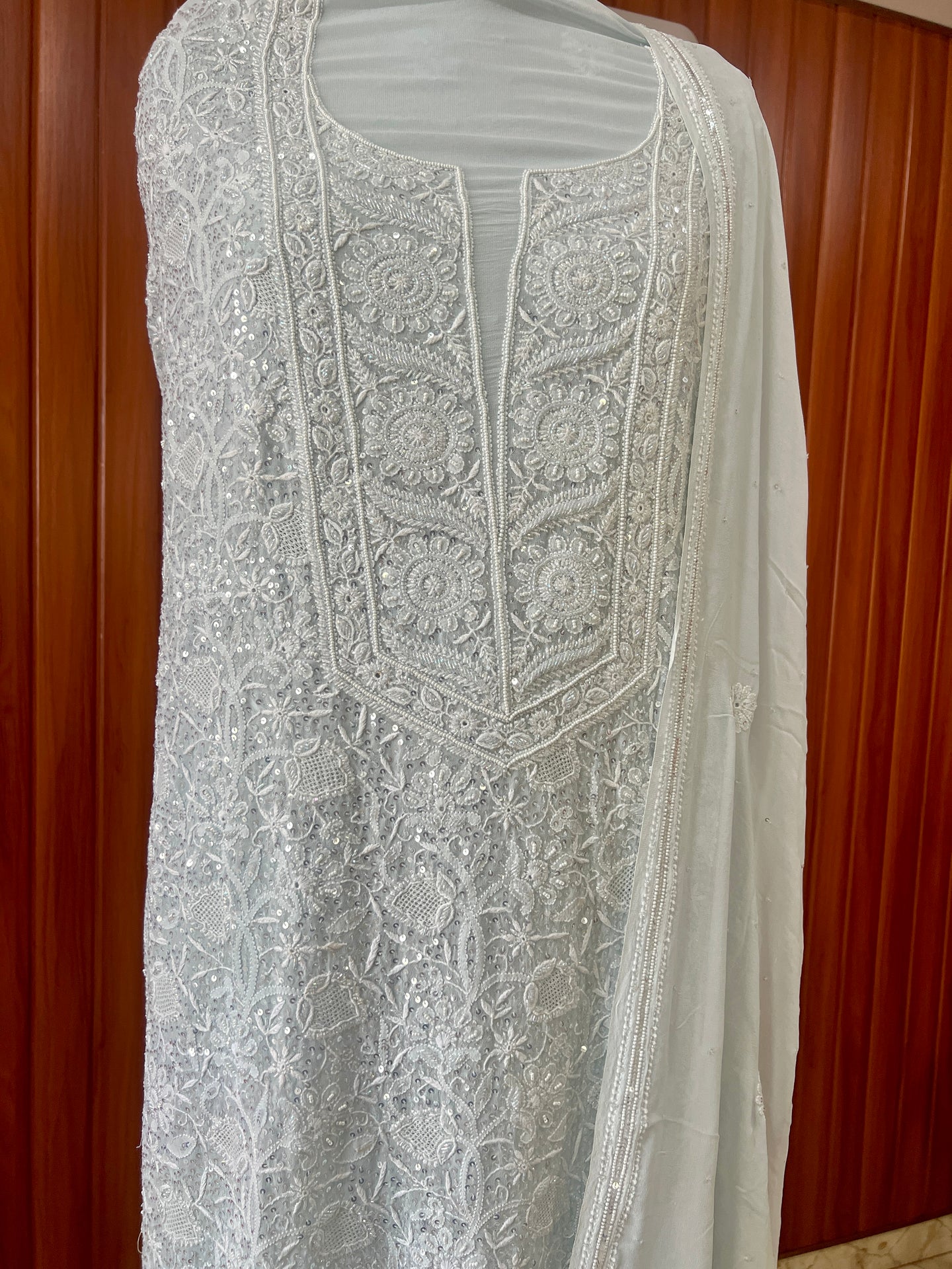 Suhaan Powder Blue Chikankari pearl sequins kurta and dupatta